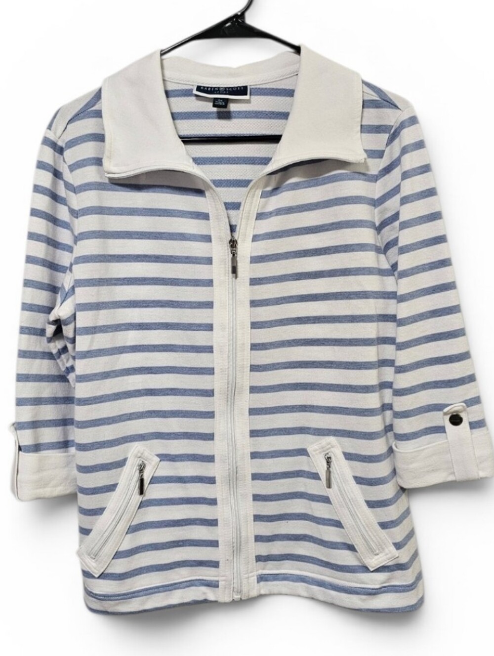 Karen Scott Sport Full Zip Blue And White Sweater Size PL